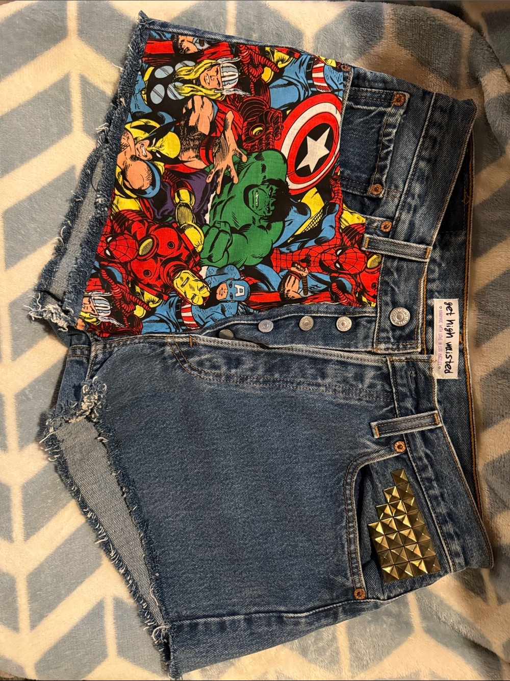 High Wasted Blue Denim Shorts with Marvel Heroes Patch